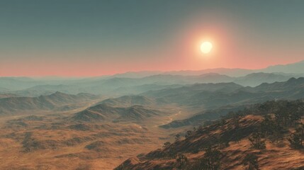 Obraz premium Wide open desert landscape with rolling hills at sunset under a hazy sky