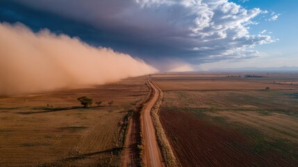 A dust storm rolls across a rural landscape towards a dirt road, trees, and fields