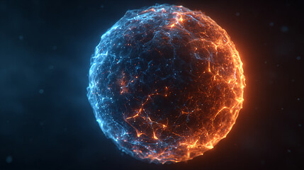 Vibrant 3D neon sphere with blue and orange fire and ice particles floats in space, representing futuristic technology, energy, science, and cosmic universe phenomena.