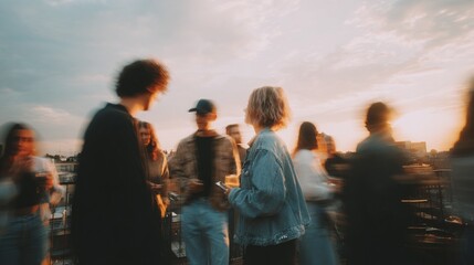A vibrant rooftop gathering at sunset, filled with laughter and joyful conversations, capturing the essence of connection and celebration among friends in a lively atmosphere.