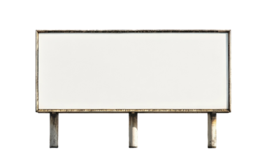 Blank billboard, off-white screen, supported by rusty concrete pillars