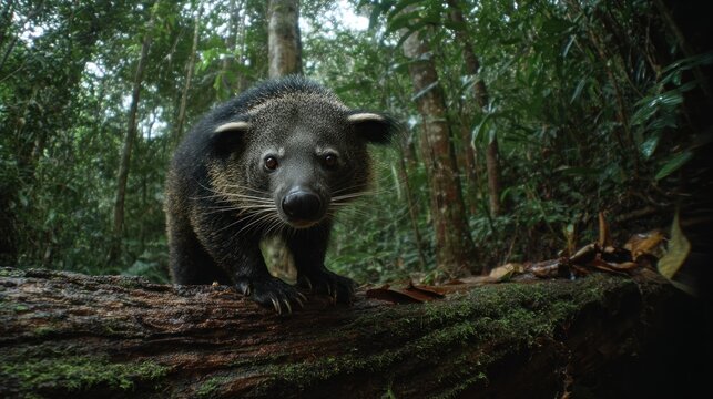 A fuzzy, black bearcat sits on a mossy log, staring into the camera in a forest
