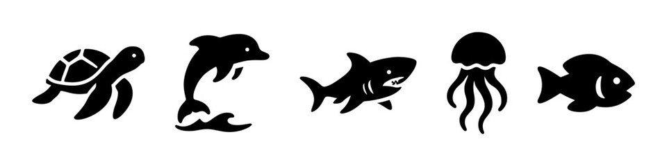 Obraz premium Marine animals silhouette set , turtle, dolphin, shark, jellyfish, fish