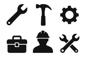 Handyman and workshop silhouette set , wrench, hammer, gear, toolbox, worker