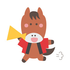 メガホンを持って走る法被姿のかわいい馬のキャラクターイラスト素材