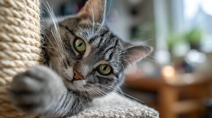 A charming close-up of a playful gray tabby cat lounging on a scratching post, showcasing its vibrant green eyes and soft fur in a cozy indoor setting.