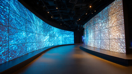 Vibrant white, gold, and silver digital screens form a dynamic multimedia wall, symbolizing global connectivity, real-time data flow, and immersive technological networks.