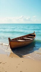 Obraz premium A small wooden rowboat gently rests on a tranquil, sandy beach at low tide, calm water lapping at the hull The scene is peaceful and idyllic, perfect for relaxation imagery , solitude, vessel
