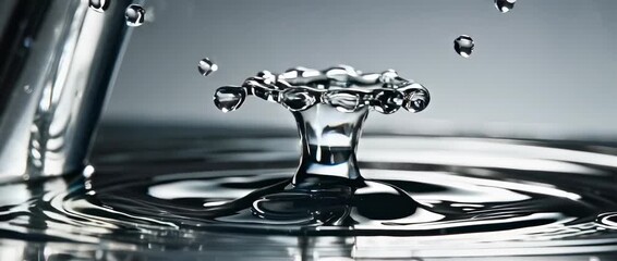Water drop falling from a tap, creating elegant ripples. Symbolizes water conservation, saving resources, and environmental awareness.