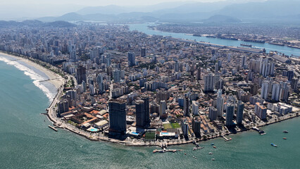 Ponta Da Praia Beach At Santos In Sao Paulo Brazil. Beach Skyline. Downtown Cityscape. Summer Travel. Ponta Da Praia Beach At Santos In Sao Paulo Brazil. Seascape Scenery.