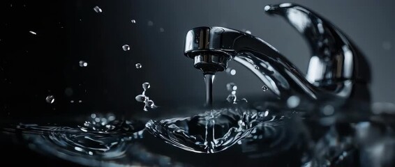 Water drop falling from a tap, creating elegant ripples. Symbolizes water conservation, saving resources, and environmental awareness.