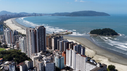 Jose Menino Beach At Santos In Sao Paulo Brazil. Beach Skyline. Downtown Cityscape. Summer Travel. Jose Menino Beach At Santos In Sao Paulo Brazil. Urban Beach Scenery.