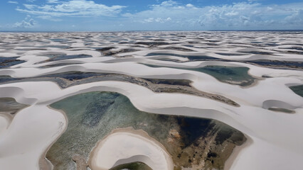 Lencois Maranhenses Skyline At Barreirinhas In Maranhao Brazil. Freshwater Lakes Landscape. Sand Dunes Mountains. Lencois Maranhenses Skyline Maranhao. Tourism Travel. Nature Scene. Beach Background.
