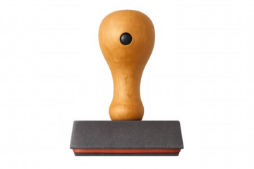 Rubber stamp with wooden handle, ready for applying seal and official approval on documents, on transparent background