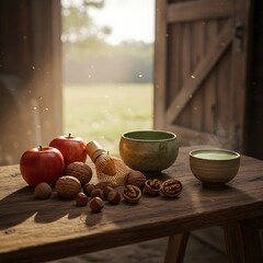 Wholesome rustic spread featuring vibrant green tea, crisp apples, and natural nuts on a wooden surface