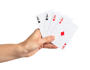 Holding four aces in hand, a winning poker hand signifying luck, success, and game strategy