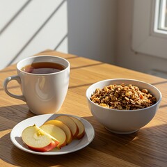 A healthy breakfast of granola, sliced apples, and a cup of tea on a wooden table in the morning sun.