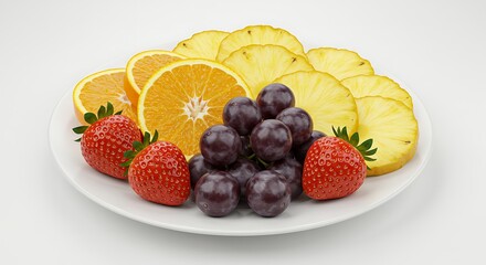 A white plate filled with a colorful assortment of fresh fruit, including sliced oranges, pineapple rings, strawberries, and dark grapes.