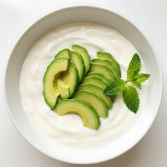 A close-up shot of a white bowl filled with yogurt and avocado slices.
