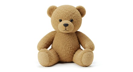 A brown teddy bear sits upright against a white background, looking forward.