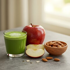 Healthy Green Smoothie with Fresh Apple, Nuts, and Seeds on a Table for a Nutritious Breakfast