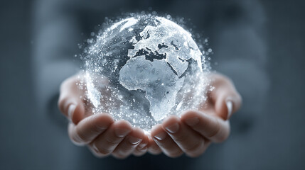 Bright white gold and silver background with a glowing night Earth floating in a businessman’s hands symbolizing eco development energy savings and sustainability representing innovation and responsib