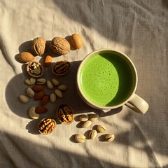 Wholesome green matcha latte and assorted nuts creating a healthy, energizing snack on a cozy, sunlit fabric