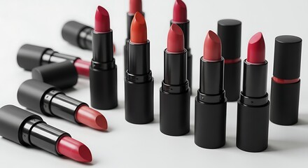 Collection of various vibrant shades of lipsticks elegantly arranged on a white surface