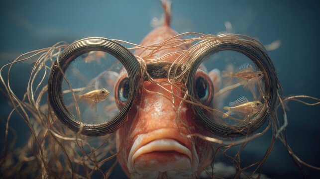 A fish wearing homemade glasses with small fish floating inside the lenses