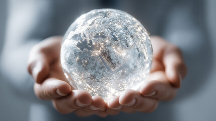 Bright white gold and silver background with a glowing night Earth floating in a businessman’s hands symbolizing eco development energy savings and sustainability representing innovation and responsib