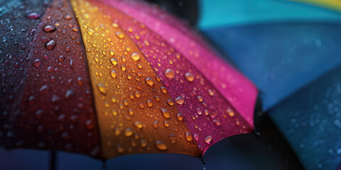 Rainbow umbrella collecting rain drops on wet surface