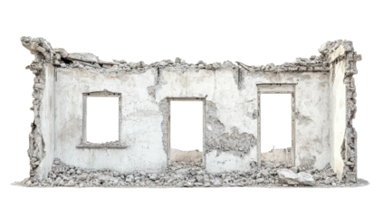 Crumbling wall with three window openings against a black background