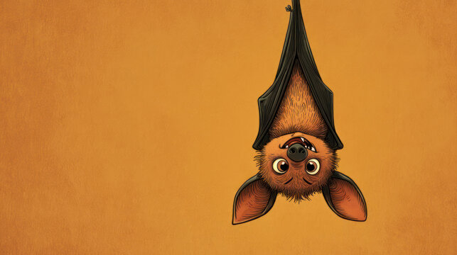 Cartoon bat hangs upside down, grinning, against a solid orange backdrop