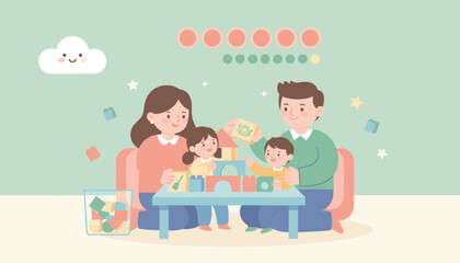 Joyful family building blocks together fostering learning creativity and precious bonding time