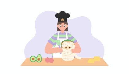 Young chef preparing creative Halloween mummy food for a fun festive celebration
