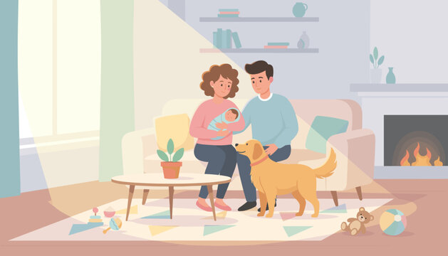 Happy family with newborn baby and pet dog in a cozy sunlit living room Parenthood joy