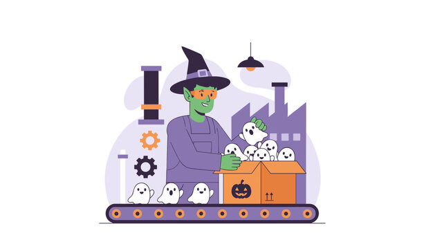 Witchlike character packs adorable ghosts into boxes on a factory conveyor for Halloween
