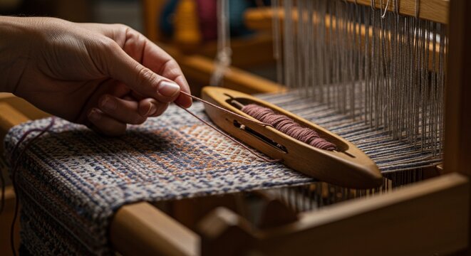 A weaver's hand threading a wooden shuttle carrying purple yarn into a weaving loom to create a patterned fabric.