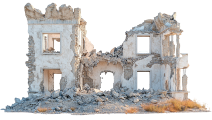 Decayed building facade with crumbling plaster and exposed windows
