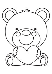 Fototapeta premium Adorable bear holding a big heart coloring page.eps and print-ready. Sweet vector illustration in ISO size, perfect for children’s creative and loving art activities. 