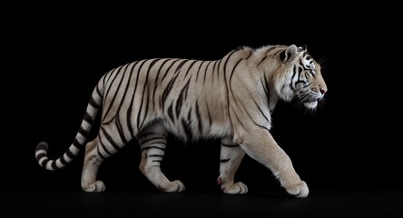Majestic White Tiger Striding Gracefully on Black Background, Full Body Studio Portrait