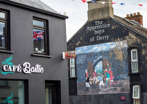 Derry, Northern Ireland, July, 2016. The wall paintings on Derry city residential buildings.