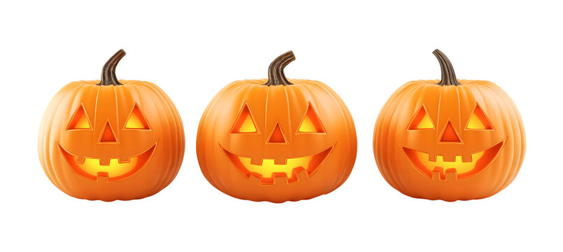 Three glowing jack-o'-lanterns with happy carved faces create festive Halloween excitement and spooky fun