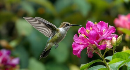 Naklejka premium Tiny bird with iridescent feathers hovering near a vibrant pink flower, wings blurred in motion, capturing nectar from a bloom, natures delicate beauty in flight