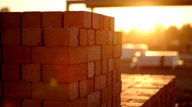 Stack of red bricks at sunset in golden sunlight on a construction site