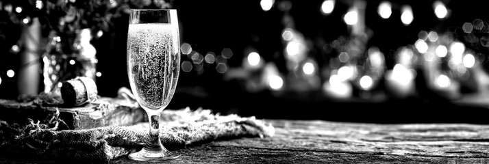 Festive sparkling beverage in a glass on a rustic table with blurred lights creating a ambiance during a celebration