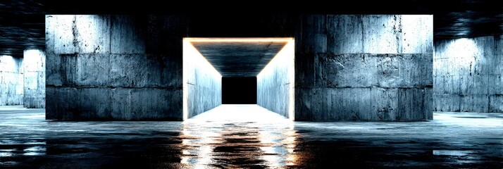 Stunning architectural space featuring illuminated corridor with reflective surfaces at dusk - High Contrast