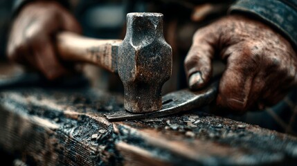 Craftsman using a hammer to shape wood during a traditional woodworking session in a workshop at dusk