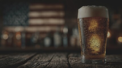 Cold beer served in a glass with bubbles in a rustic setting with blurred bottles and an American flag background - Low Contrast