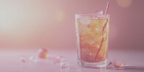 Refreshing drink filled with ice cubes and a straw against a warm background in bright summer light - Low Contrast